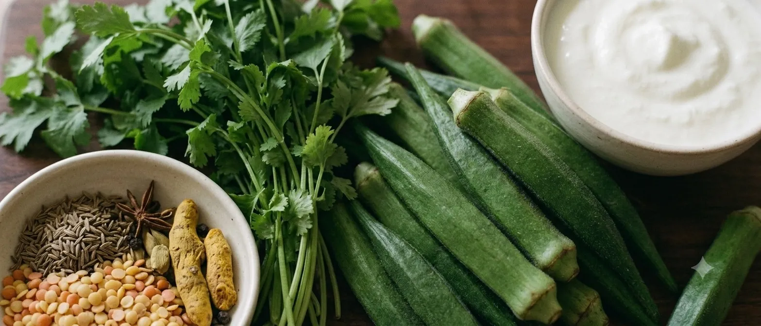 Fresh coriander, okra, a bowl of curd, and whole spices with lentils on a wooden board